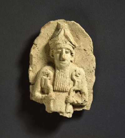 Een god die een leeuwenkop-scepter in elke hand houdt, mogelijk Nergal, Oud-Babylonisch uit Kish, 3e millennium v.Chr. (aardewerk) door Babylonian